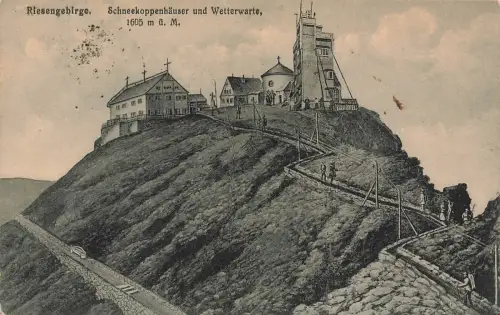 Schneekoppenhäuser und Wetterwarte Riesengebirge Schlesien Postkarte AK 1921