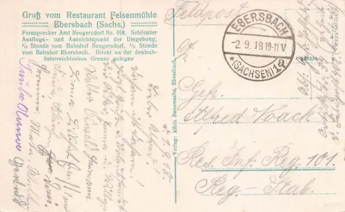 Restaurant Felsenmühle Saal Max und Moritz Ebersbach (Sachs.) Feldpostkarte 1918