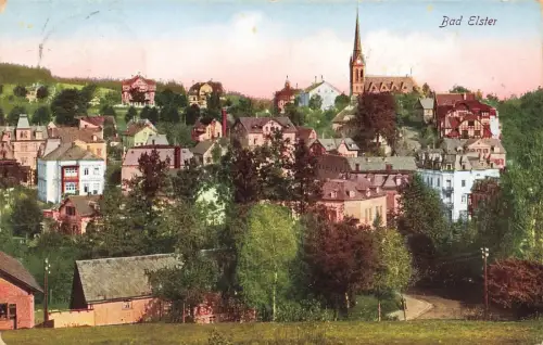 Stadtansicht mit Kirche Bad-Elster Vogtland Sachsen Postkarte AK 1925