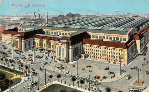 Leipzig Hauptbahnhof Straßenbahn Postkarte AK 1915