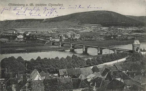 Blick zur Brücke und Miltenberg am Main Bayern Postkarte AK 1921