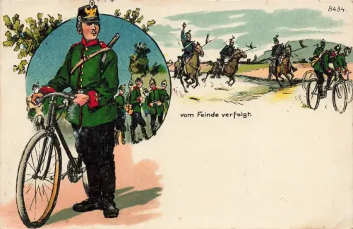 Fahrradkompanie vom Feinde verfolgt Ulanen Patriotika Postkarte AK 1914