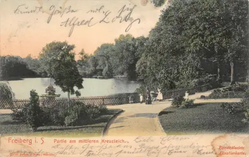 Partie am mittleren Kreuzteich Freiberg Sachsen Postkarte AK 1905