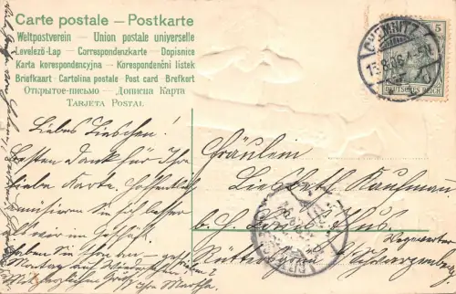Nackte Engel mit Blumenkanonne weiße Tauben Postkarte geprägt 1908 Chemnitz