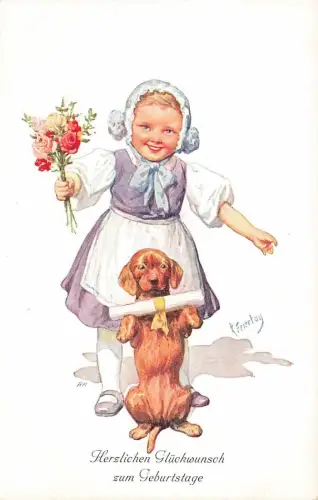 Glückwunsch Dackel mit Brief Künstlerkarte K. Feiertag Nr 3