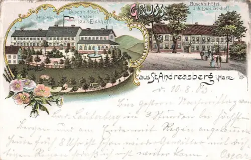 Gruss aus St. Andreasberg im Harz mit Busch's Hotel Niedersachsen Litho AK 1903