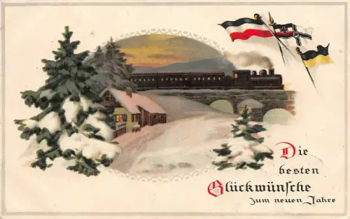 Militär Neujahr Postkarte 1915 Eisenbahn, Reichsflagge