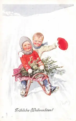 Frohe Weihnachten Kinder Schlittenfahrt Künstlerkarte K. Feiertag Nr 1