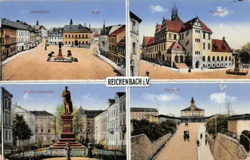 Postamt, Bahnhof und Marktplatz Reichenbach Vogtland Sachsen Postkarte AK 1917
