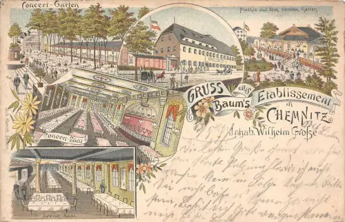 Gruss aus Restaurant Baums Etablissement Chemnitz Sachsen Litho Postkarte 1898
