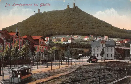 Die Landeskrone bei Görlitz Straßenbahn Postkarte