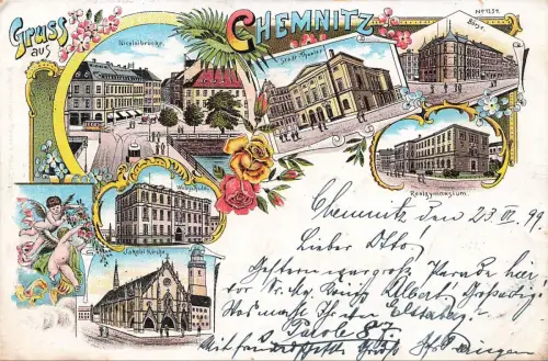 Gruss aus Chemnitz Theater, Börse, Schule Sachsen Litho Postkarte AK 1899