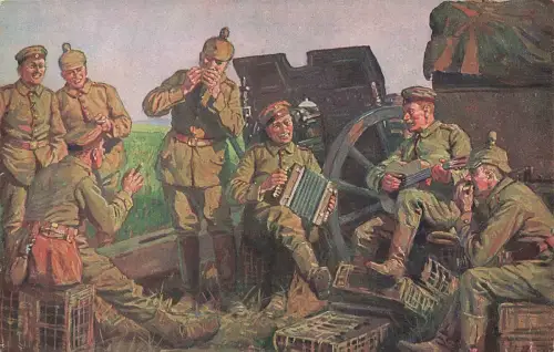 Die Künstler der Batterie Soldaten Rotkreuz Patriotika Postkarte AK 1916