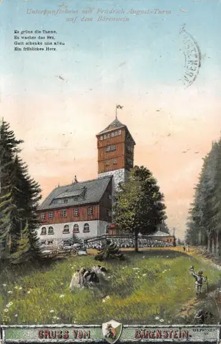 Gruss vom Bärenstein Unterkunftshaus, August Turm auf Bärenstein Sachsen AK 1917