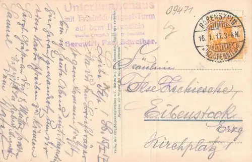 Gruss vom Bärenstein Unterkunftshaus, August Turm auf Bärenstein Sachsen AK 1917