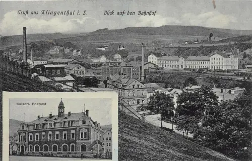 Gruß aus Klingenthal i. S. Blick auf den Bahnhof Kaiserl. Post Postkarte AK 1912