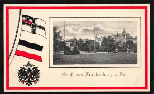 Patriotische Gruß aus Frankenberg Sachsen Reichsflagge, Wappen Postkarte 1916