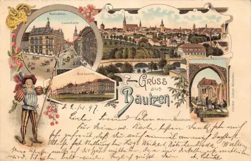 Gruss aus Bautzen mit Kaserne, Ruine, Gewandhaus Sachsen Litho Postkarte AK 1897
