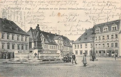 Annaberg i. Erzg. Marktplatz mit dem Barbara Uttmann-Denkmal Postkarte AK 1907