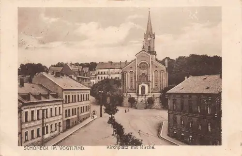 Kirchplatz und Kirche in Schöneck Vogtland Sachsen AK 1925