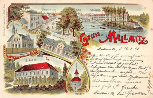 Gruss aus Mallmitz Schloss Waldhaus Hüttenwerk Liegnitz Sprottau Litho AK 1901