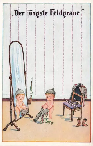 Der jüngste Feldgraue beim anziehen Patriotika Postkarte AK