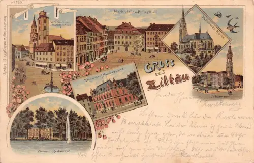 Gruss aus Zittau Marktplatz m. Amtsgericht Kaiserl. Haupt-Postamt Litho AK 1897