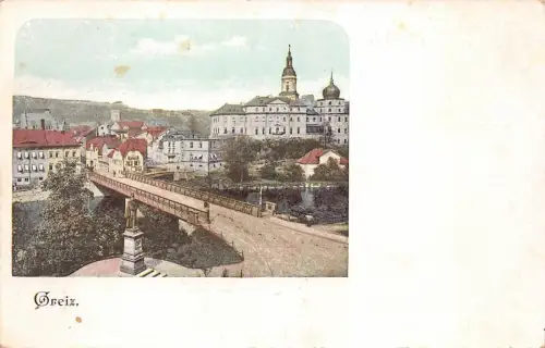 Stadtansicht und Denkmal Greiz Thüringen Postkarte AK