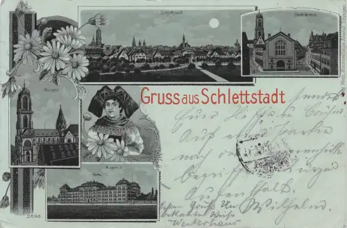 Gruss aus Schlettstadt Elsass Trachten Mondschein Postkarte 1898