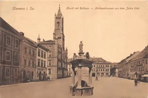 Markt mit Rathaus und Andreasbrunnen in Kamenz Sachsen Postkarte AK 1917