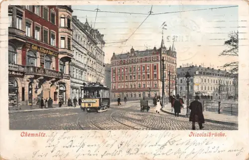 AK Chemnitz Nikolaibrücke Strassenbahn Postkarte 1911