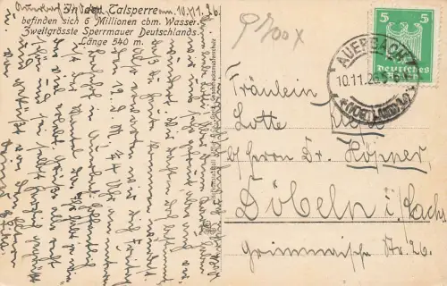 Blick auf Talsperre Muldenberg im Vogtland Sachsen Postkarte AK 1926