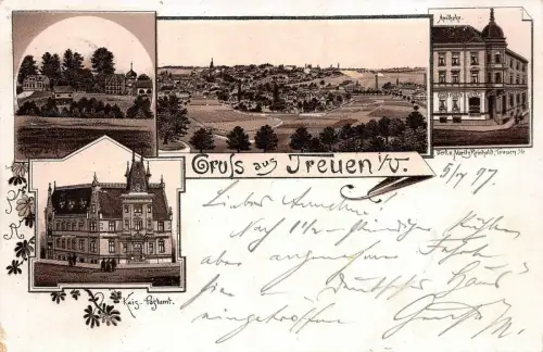 Gruß aus Treuen mit Apotheke u. Postamt Vogtland Sachsen Litho Postkarte AK 1897