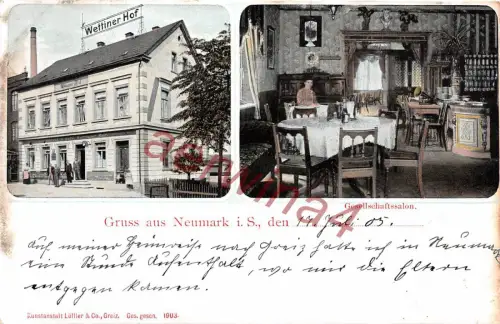 Gruss aus Neumark Sachsen Wettiner Hof Restaurant Litho Postkarte 1905