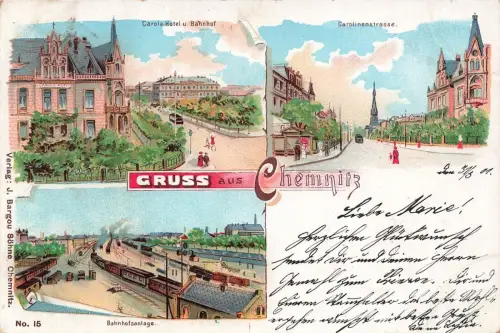 Gruss aus Chemnitz mit Bahnhofsanlage und Hotel Sachsen Litho Postkarte AK 1901