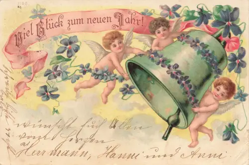 Viel Glück zum neuen Jahr! Glocke Engel Babys Flügel Postkarte AK 1901
