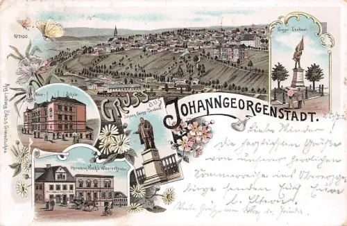 Gruss aus Johanngeorgenstadt Krieger-Denkmal Neue Schule Postkarte AK