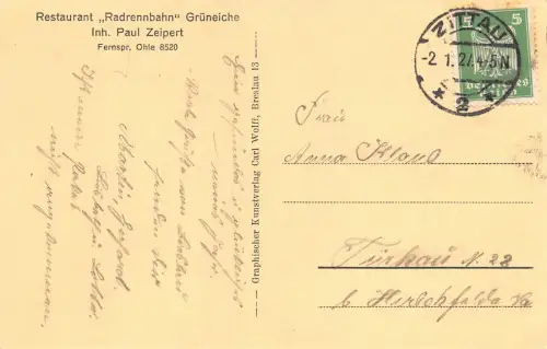 Grüneiche Schlesien Restaurant Radrennbahn Postkarte 1927