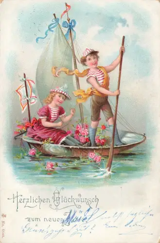 AK Glückwunsch neuen Jahre Kinder Boot Postkarte Plauen 1902