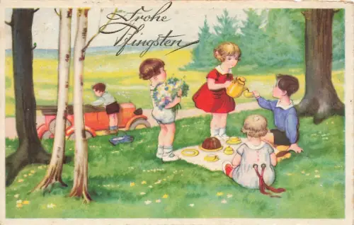 Frohe Pfingsten Kinder Picknick Kuchen Kaffee Auto Postkarte AK 1936
