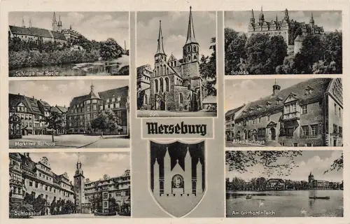 Panorama mit Schloss und Altes Rathaus Merseburg Sachsen-Anhalt Postkarte AK