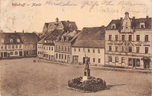 Marktplatz mit Denkmal und Hotel Adler in Wilsdruff Sachsen Postkarte AK 1924