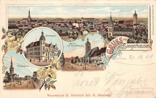 Gruss aus Sangershausen Kreishaus Ulrichsplatz Markt Postkarte AK 1899