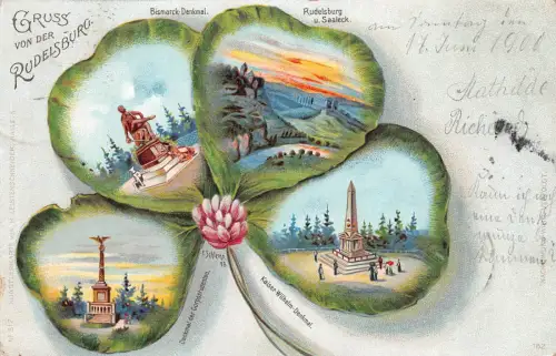 Rudelsburg Bismarck , Kaiser Wilhelm Denkmal Kleeblatt Litho Postkarte 1900