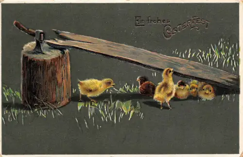 Kücken mit Axt Ostern Postkarte 1909 Grüna