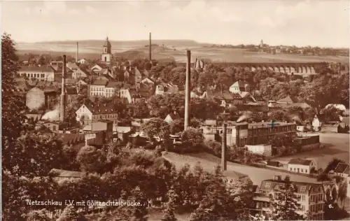 Stadtansicht und Göltzschtalbrücke Netzschkau Vogtland Sachsen Postkarte AK 1929