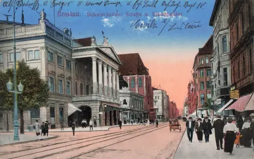 Schweidnitzer Straße und Stadttheater Breslau Schlesien Postkarte AK 1915