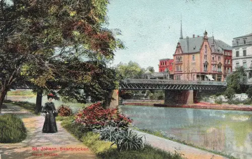 Blick auf neue Brücke St. Johann-Saarbrücken Saarland Postkarte AK 1915