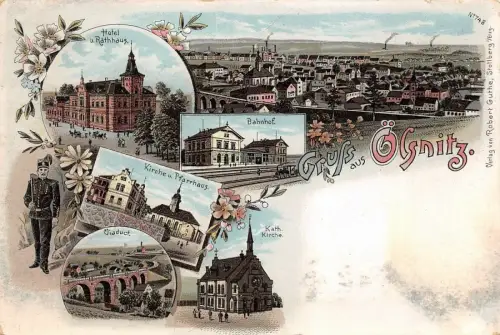 Gruss aus Ölsnitz Hotel u. Rathaus Bahnhof Kirche u. Pfarrhaus Postkarte AK