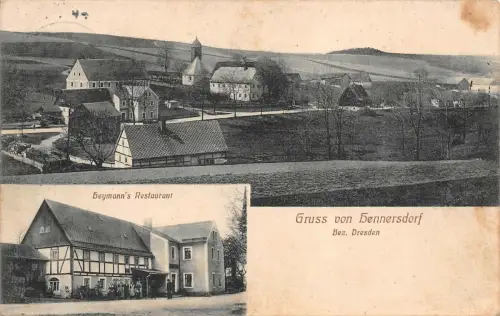 Gruss von Hennersdorf Stadtansicht und Heymann's Restaurant Sachsen AK 1915